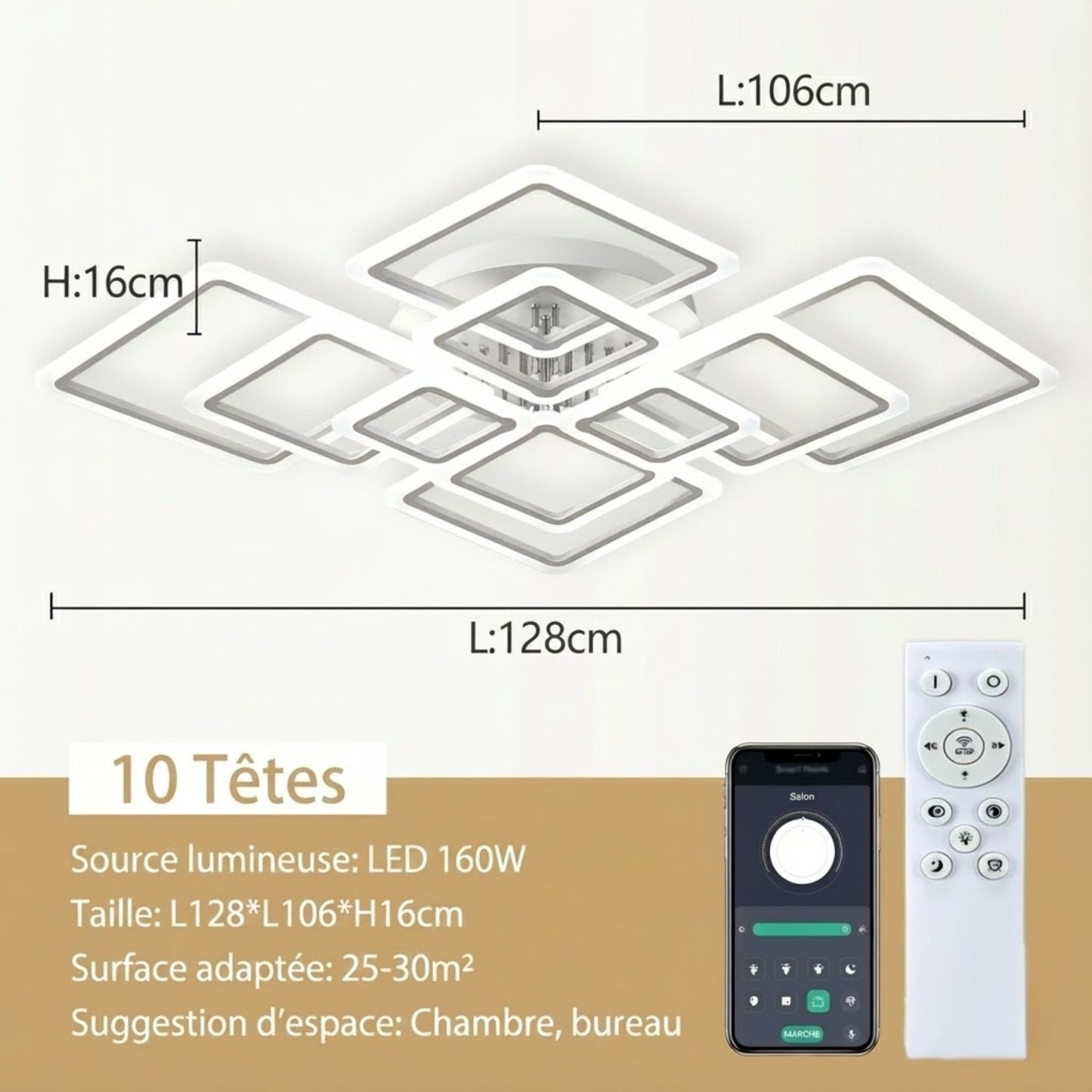 Plafonnier LED carré moderne blanc – 4, 6, 8 ou 10 cadres lumineux