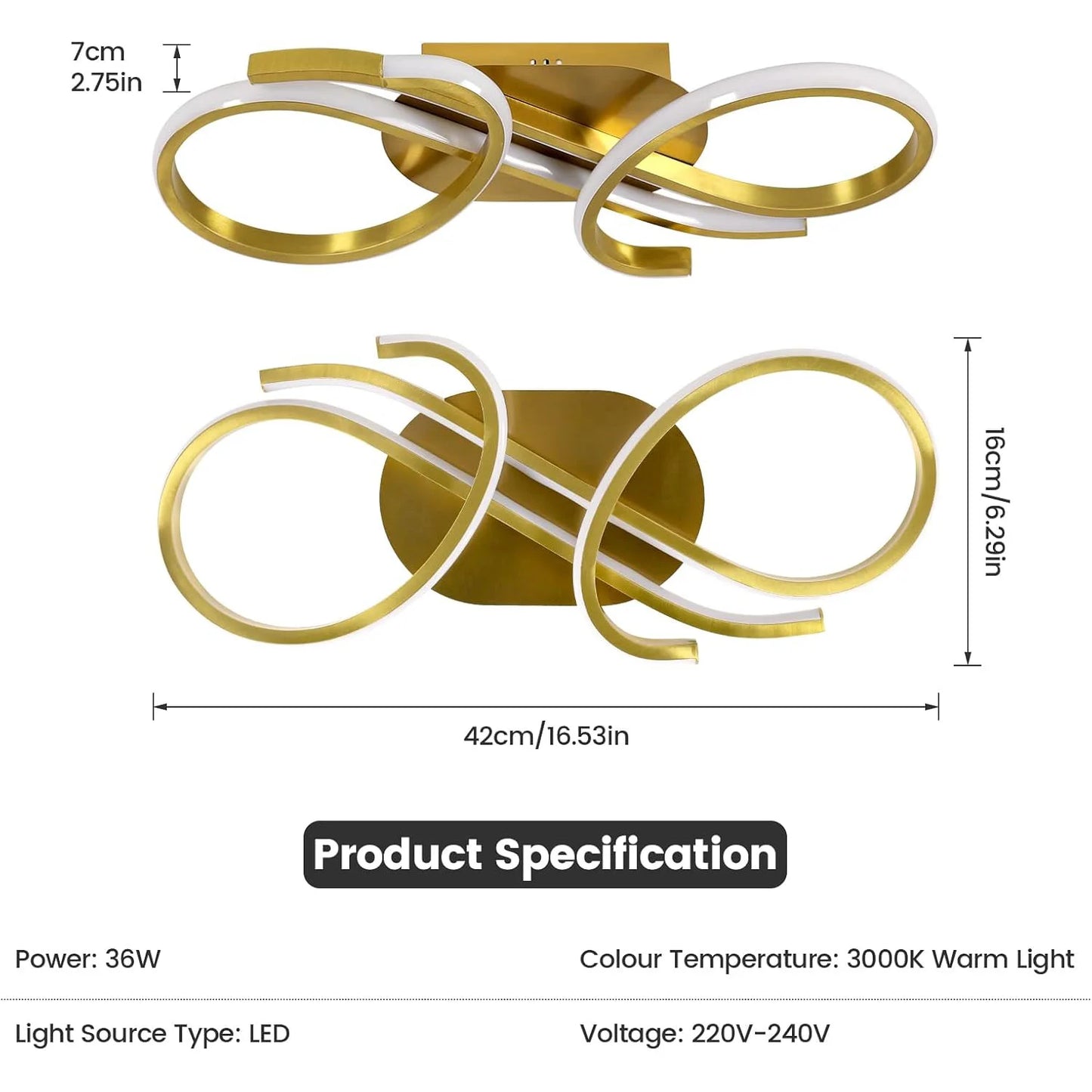 1Plafonnier LED doré moderne – 2 rubans entrelacés