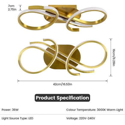 1Plafonnier LED doré moderne – 2 rubans entrelacés