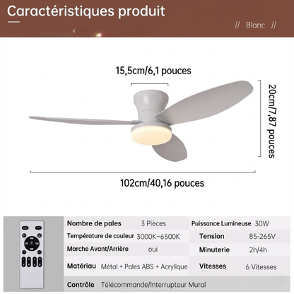 Ventilateur de plafond LED 3 pales avec lumière et télécommande – 102 cm