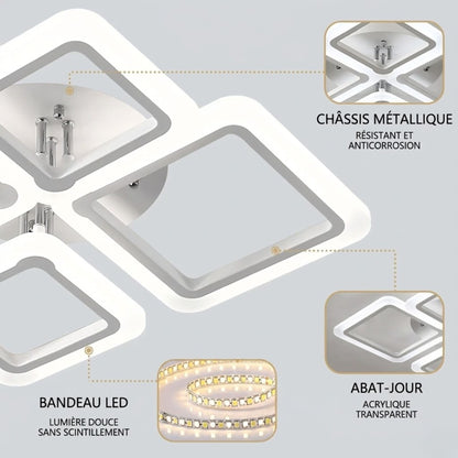 Plafonnier LED carré moderne blanc – 4, 6, 8 ou 10 cadres lumineux
