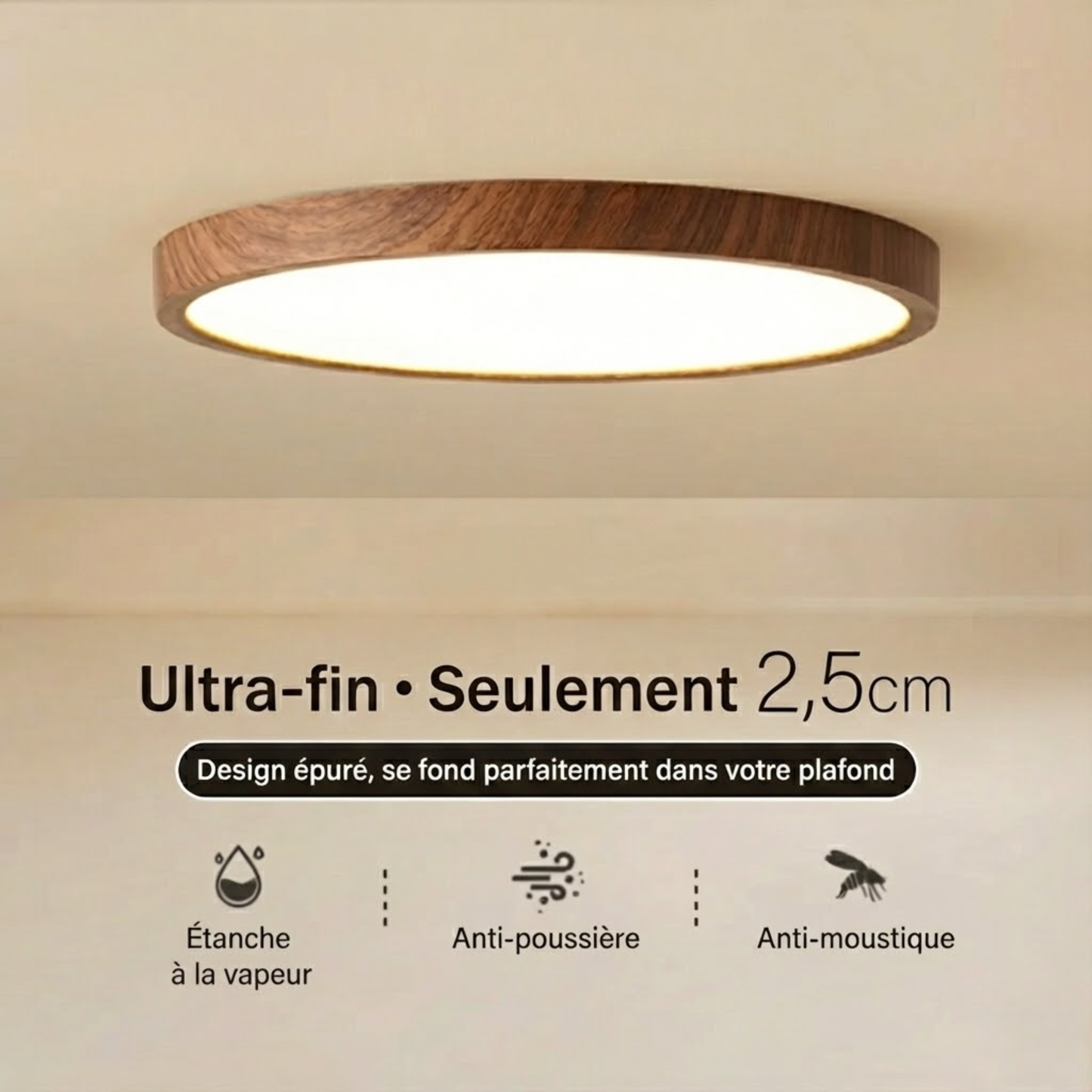 Plafonnier LED circulaire ultra-mince effet bois