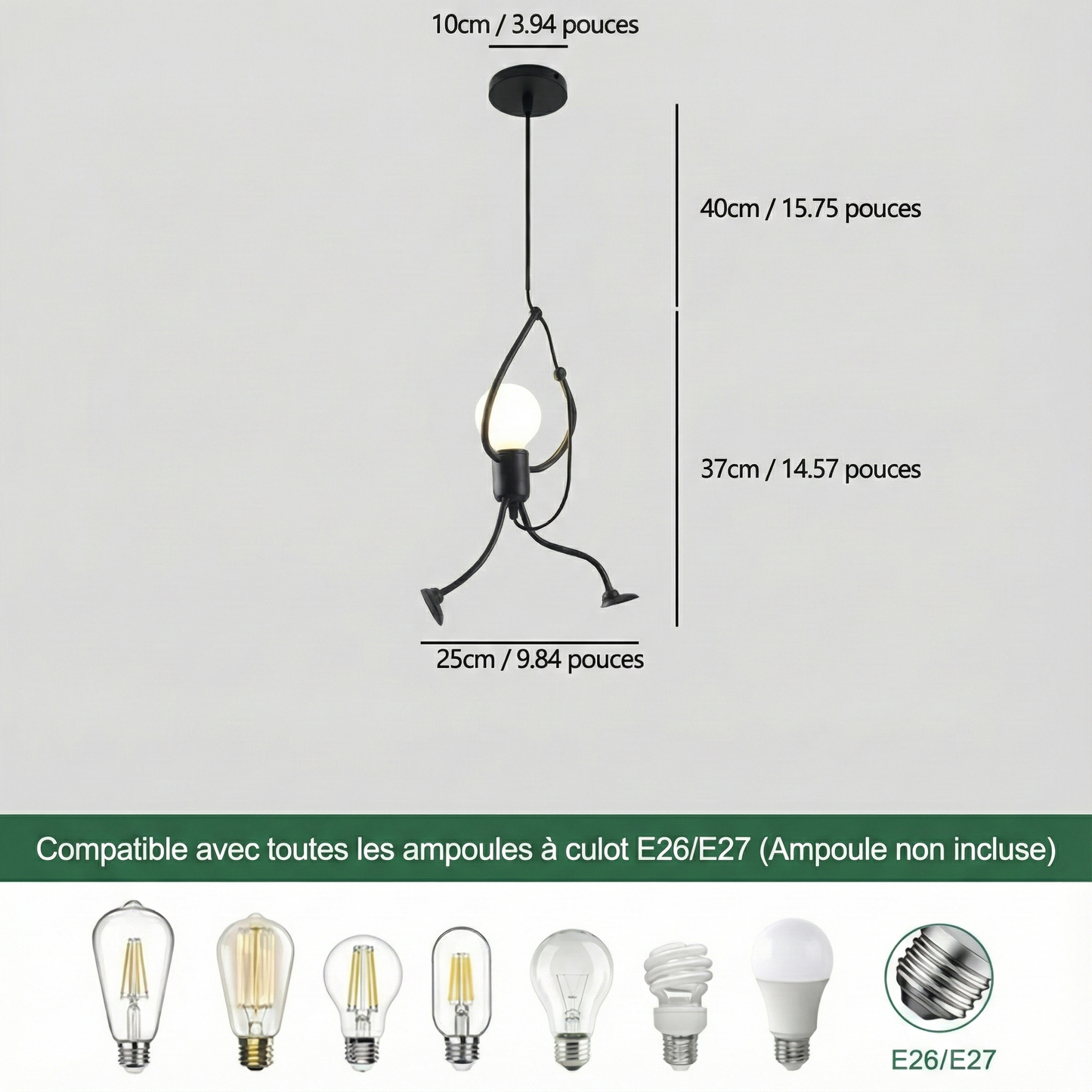 Suspension petit homme noir en métal – E27