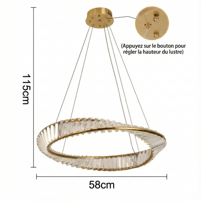 Lustre LED anneau cristal doré