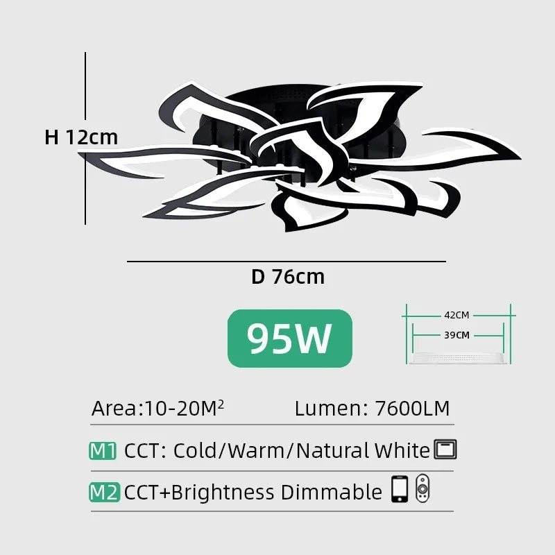 Lustre plafonnier LED fleur lotus – noir ou blanc, dimmable