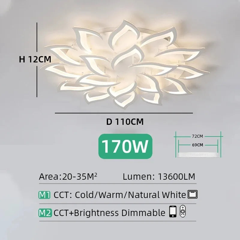Lustre plafonnier LED fleur lotus – noir ou blanc, dimmable