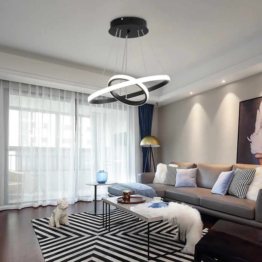 Lustre LED moderne noir – 2 anneaux suspendus