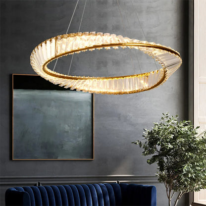 Lustre LED anneau cristal doré