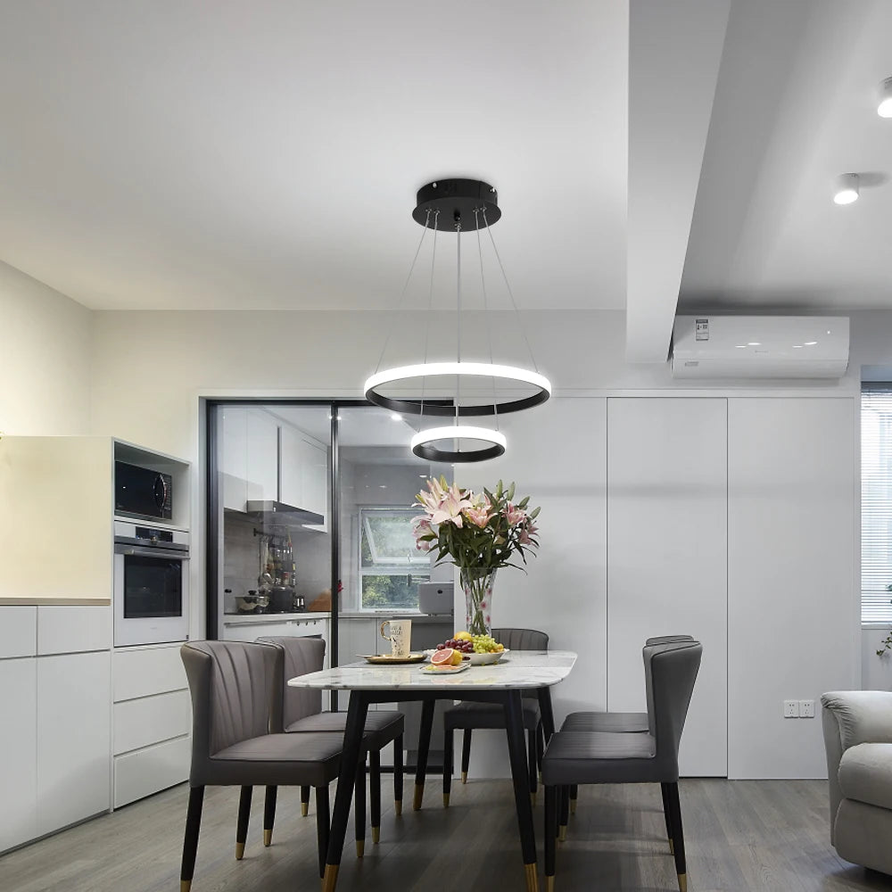 Lustre LED moderne noir – 2 anneaux suspendus