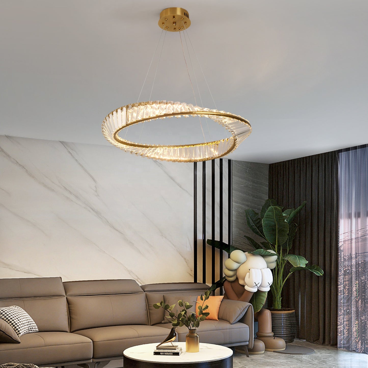 Lustre LED anneau cristal doré